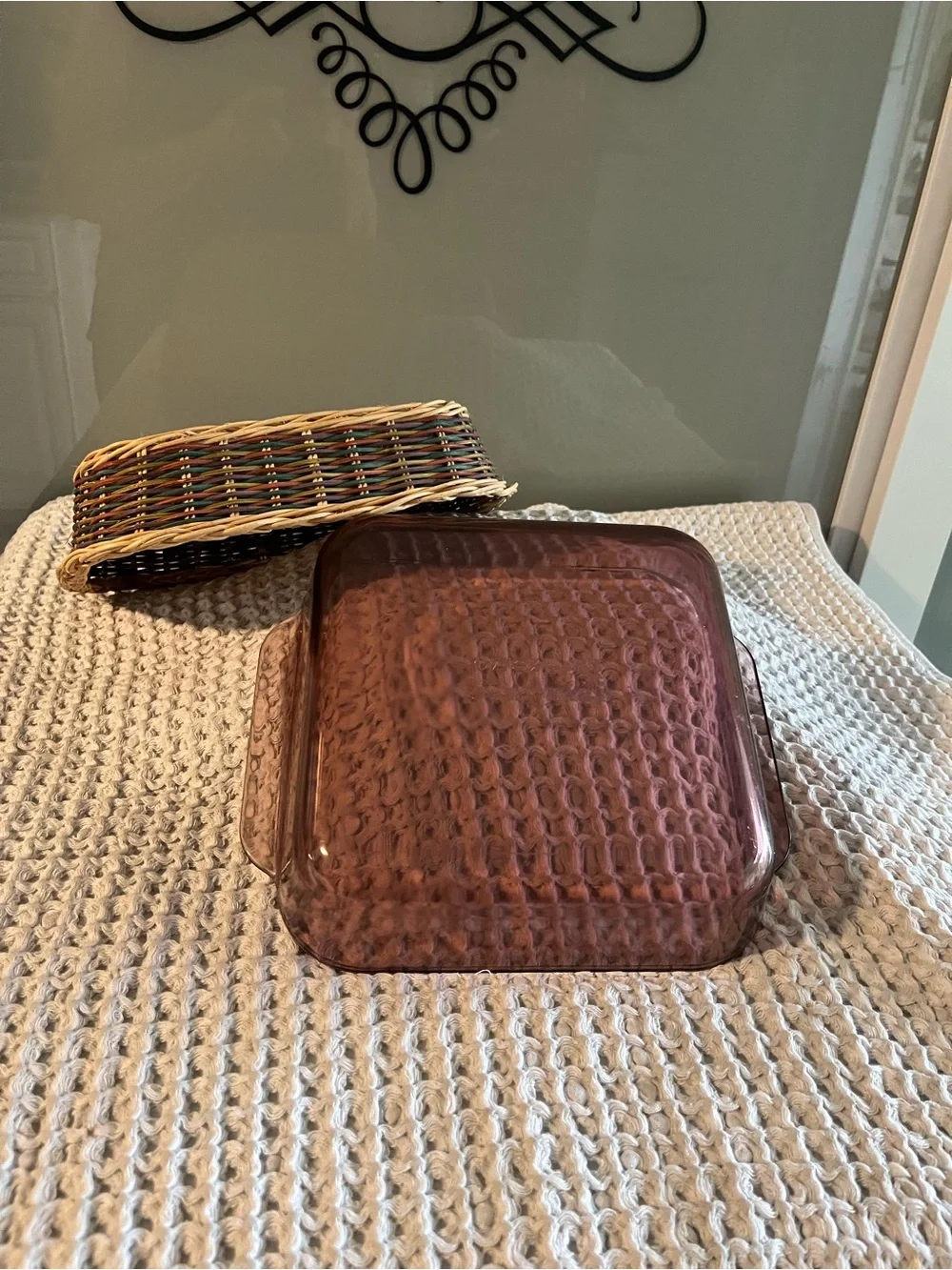 Vintage Pyrex 8 x 8 baking dish with basket amber color 411